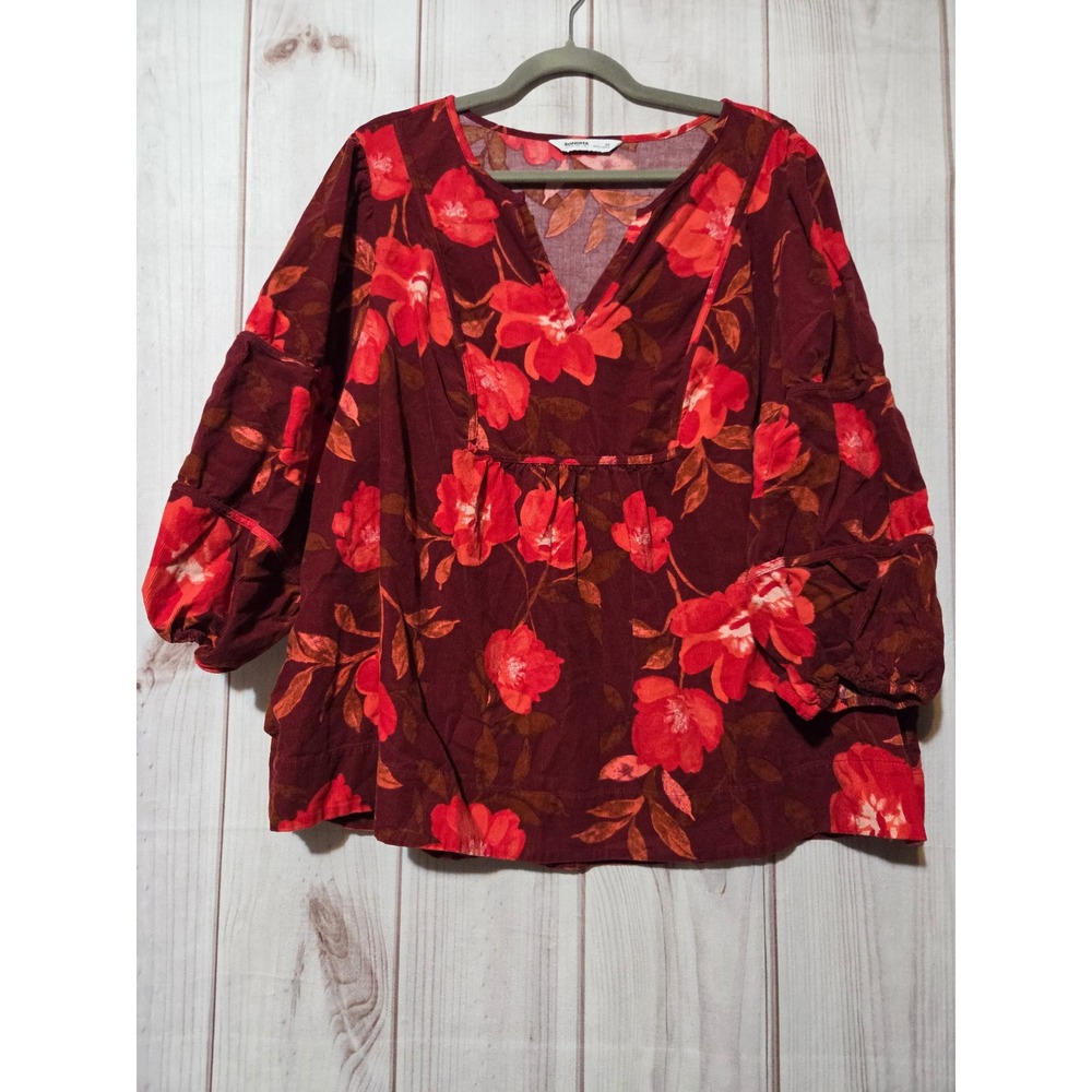 Sonoma Goods For Life Womens 2X Corduroy Floral Blouse Red Burgundy 3/4 Sleeve